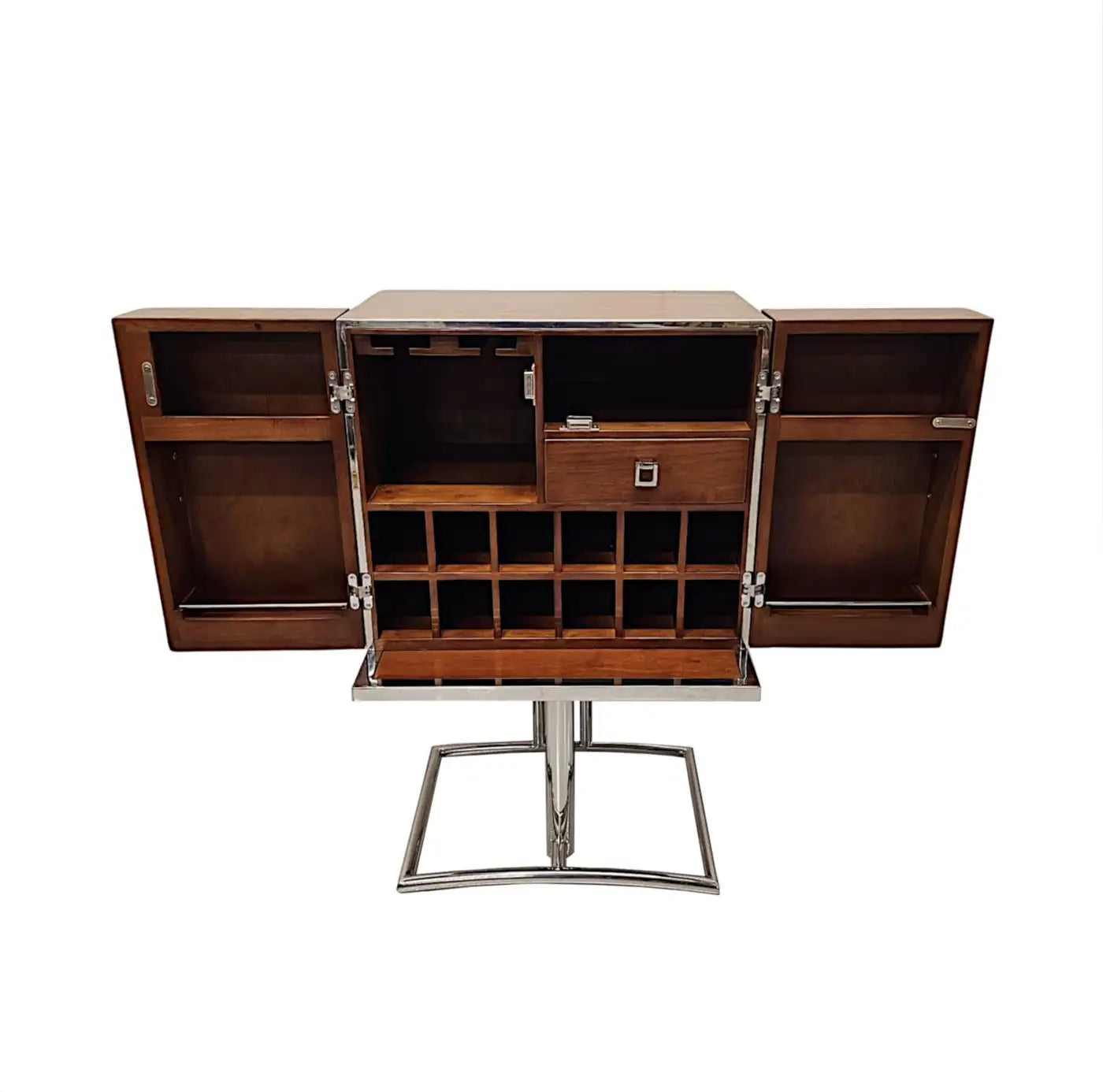 Wooden bar cabinet with open doors on a white background