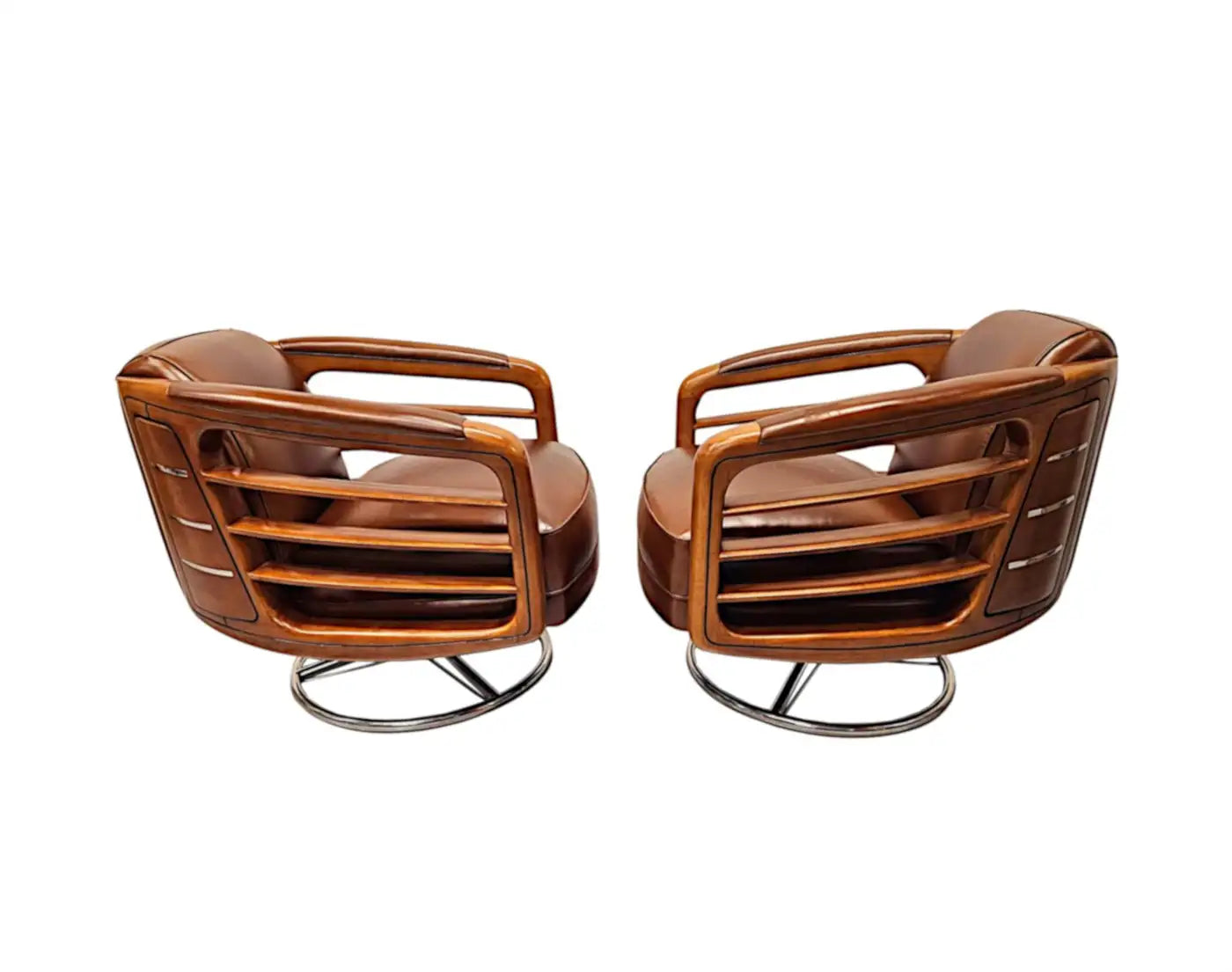 Pair of wooden swivel chairs on a white background