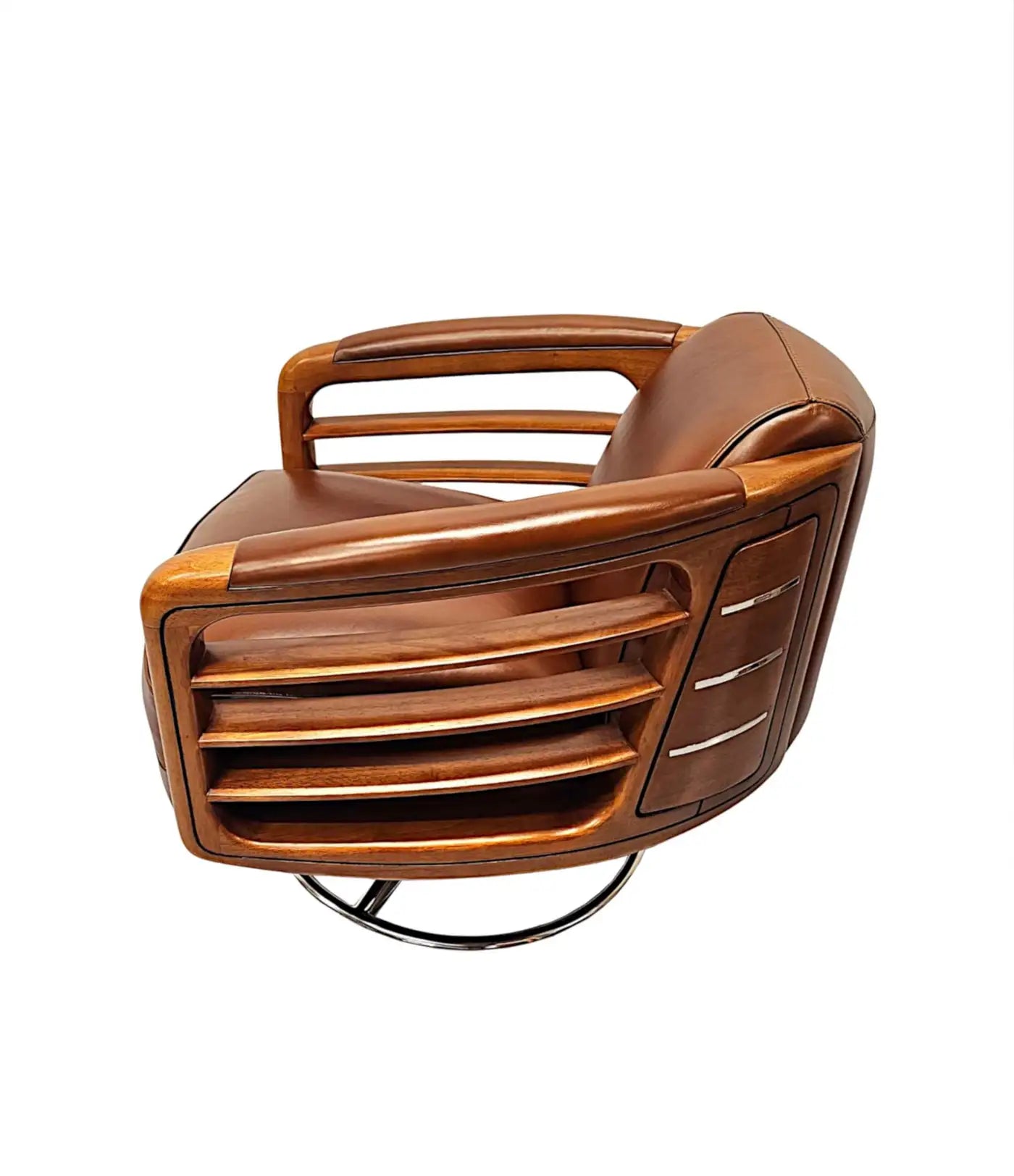 Contemporary Handcrafted Leather & Chrome Revolving Club Chair