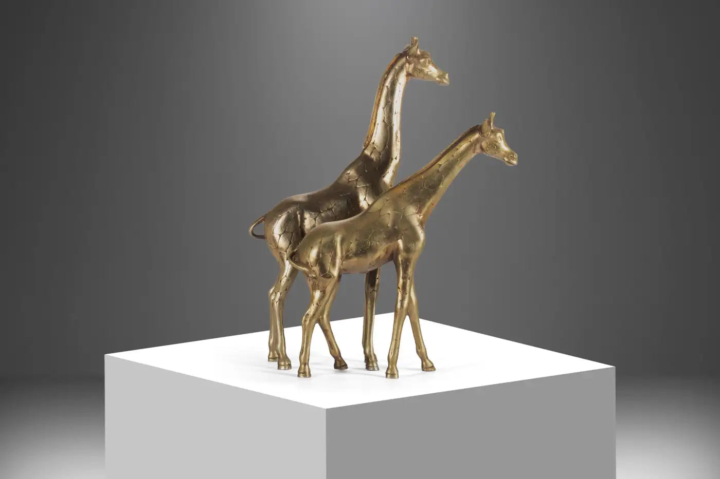 Set of Two '2' Artisan Hand Hammered Mid Century Giraffe Figures in Solid Brass