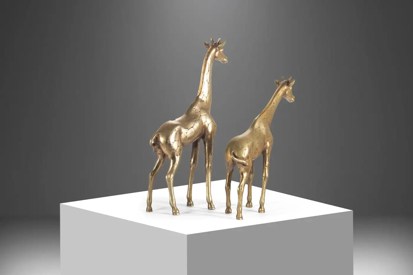 Set of Two '2' Artisan Hand Hammered Mid Century Giraffe Figures in Solid Brass