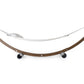 Curved wooden shelf with wheels on a white background