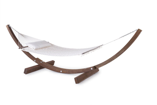 White hammock with wooden arc stand on a white background