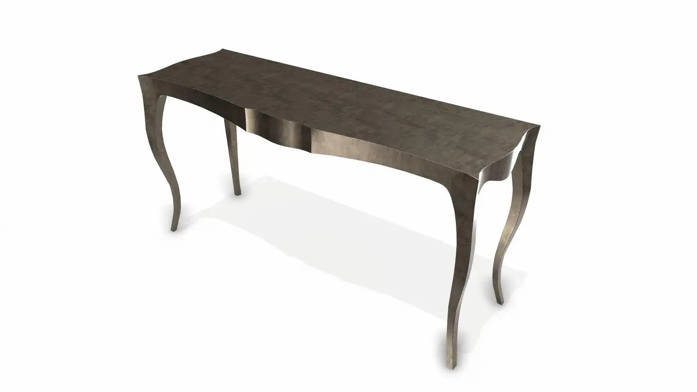 Wooden console table with curved legs on a white background