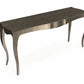 Decorative console table with a metallic finish on a white background