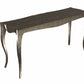 Decorative console table with a metallic finish on a white background
