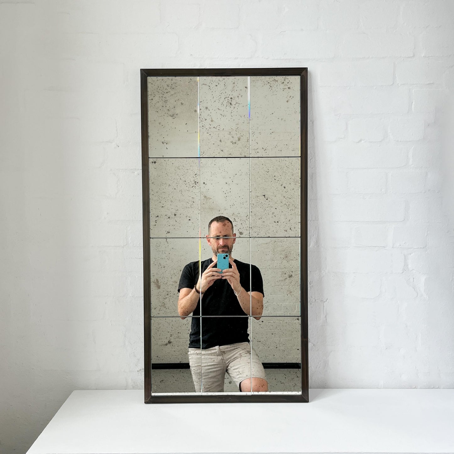 Quadris Rectangular Antiqued Mirror – 12 Panels with Bronze Patina Brass Frame