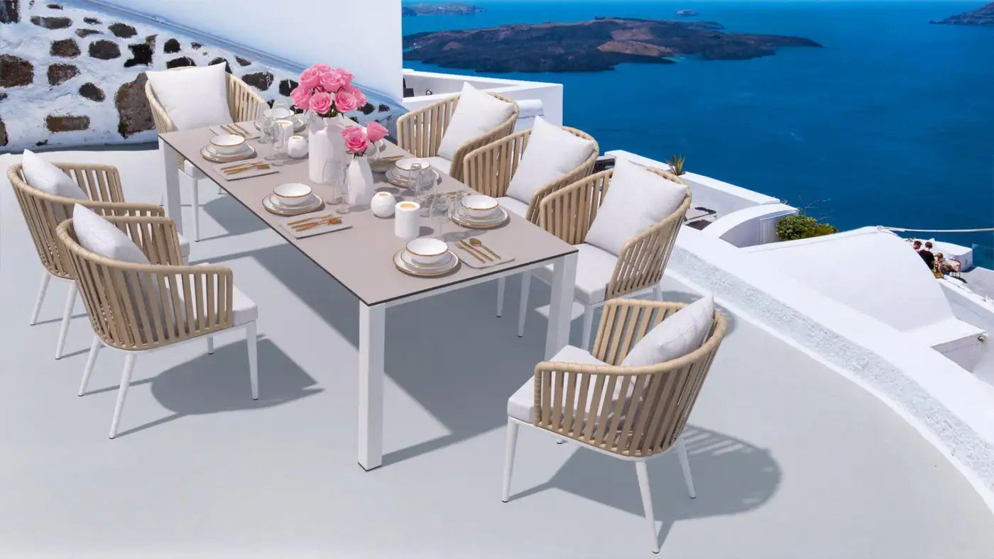 Ready To Ship Outdoor Dining Set: 8 Rope Chairs & Teak Dining Table