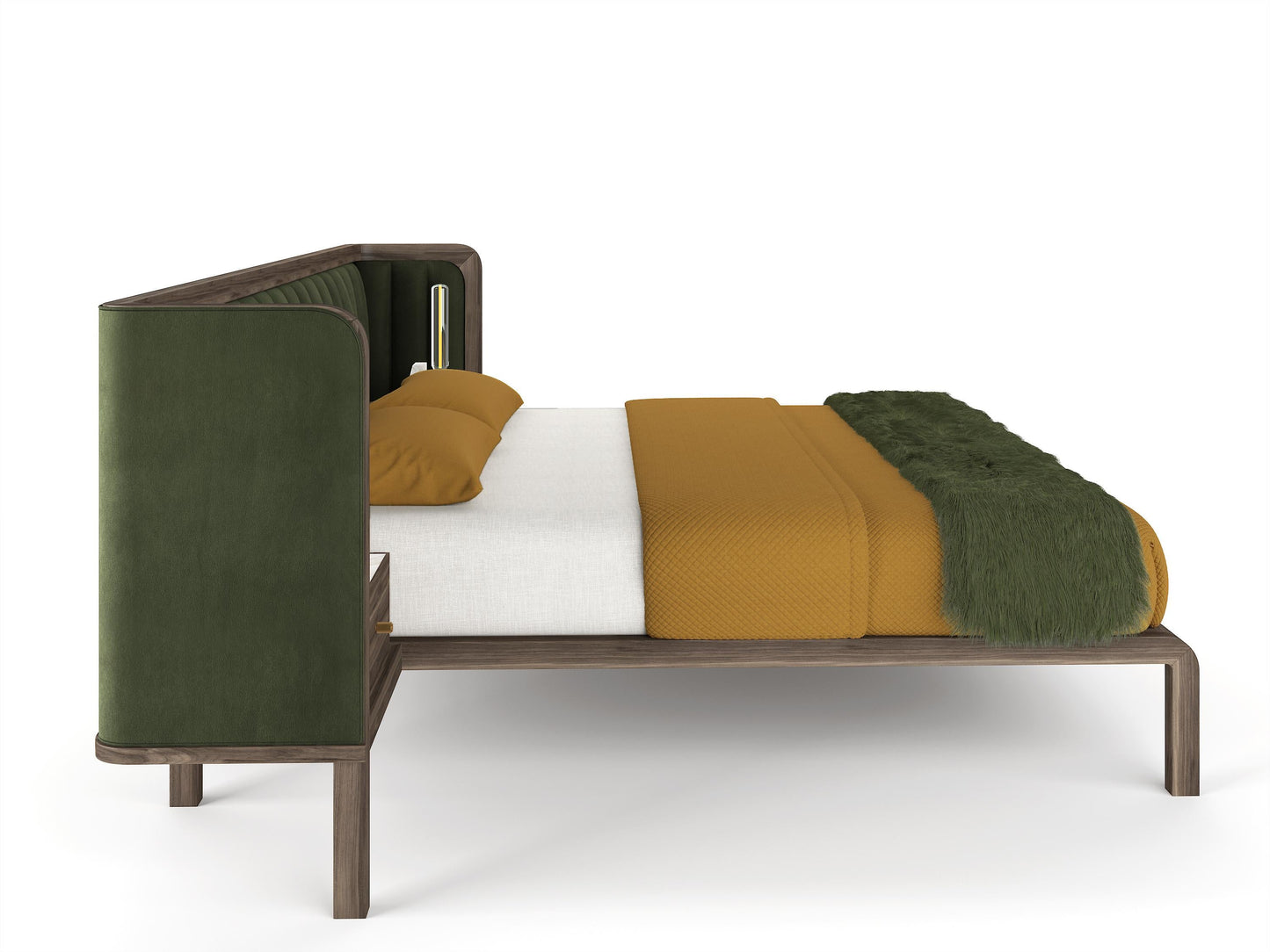 Cupid Bed in Black American Walnut & Velvet with Integrated Bedside Table