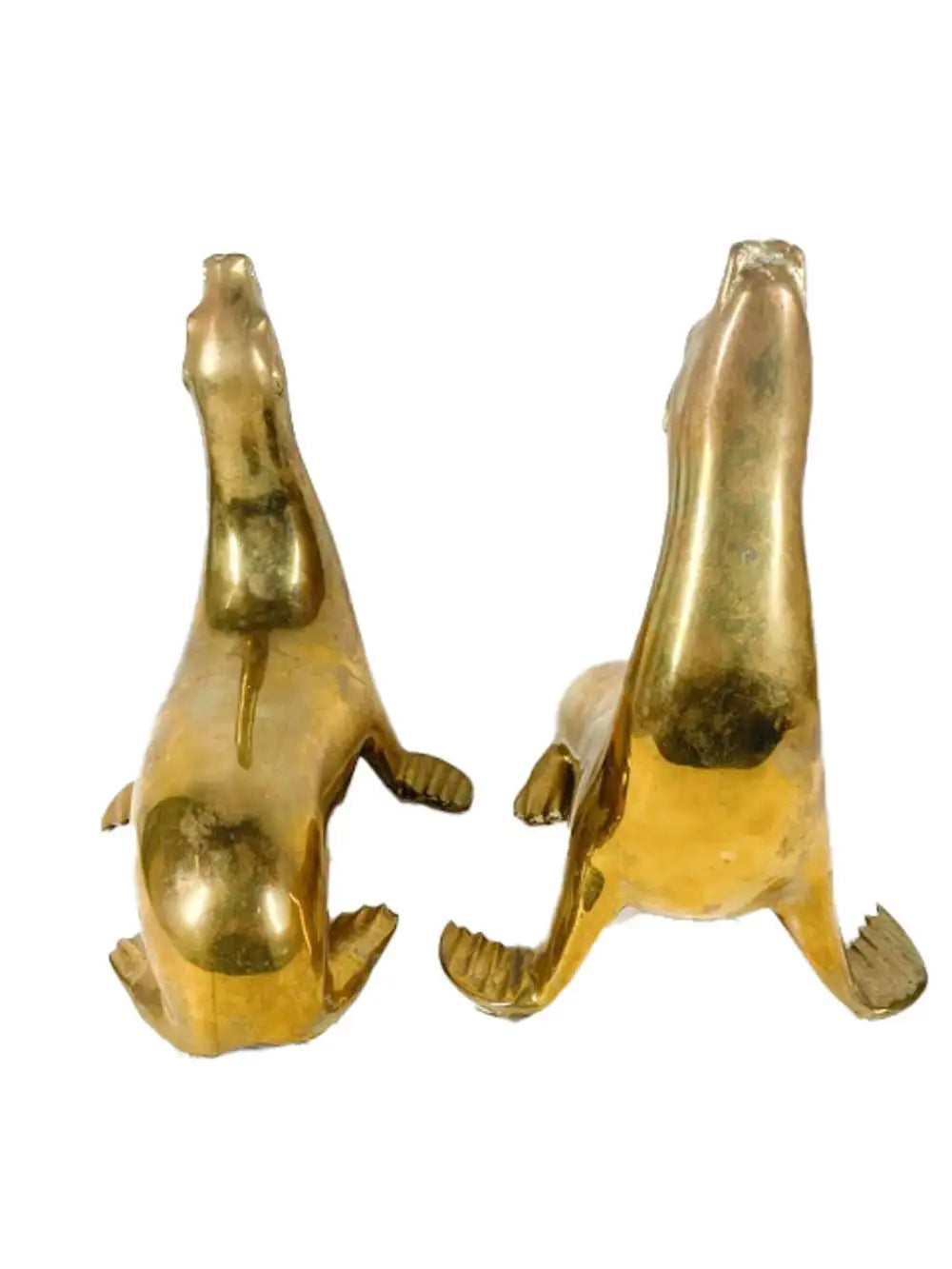 Pair Mid-Century Modern Cast Brass Figures of Seals with Noses Pointed Up