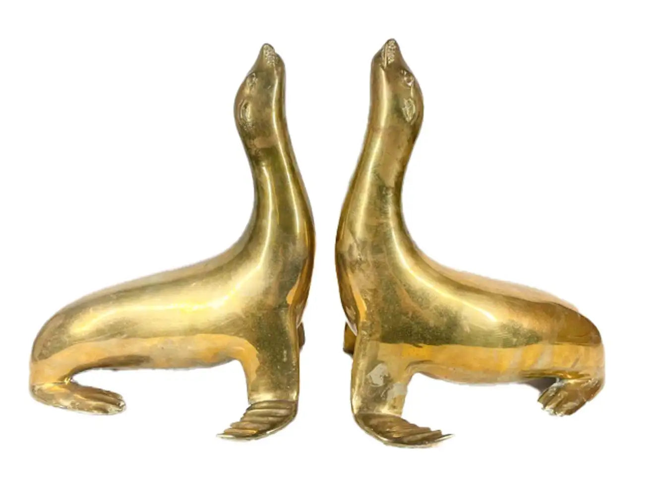 Pair Mid-Century Modern Cast Brass Figures of Seals with Noses Pointed Up