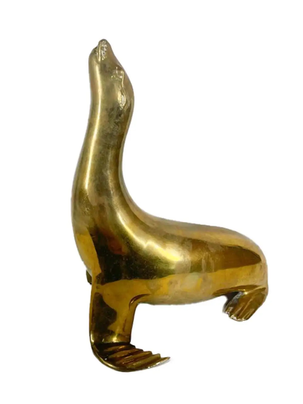 Pair Mid-Century Modern Cast Brass Figures of Seals with Noses Pointed Up