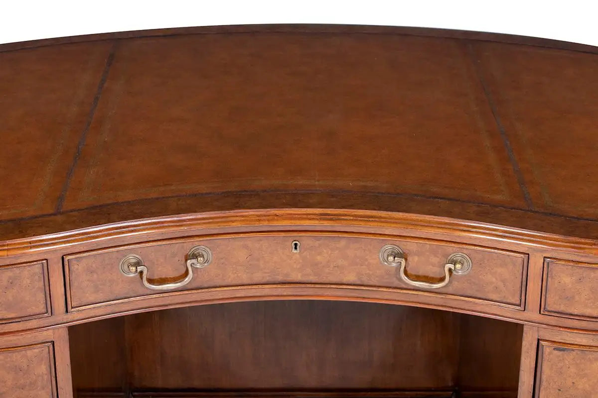 Burr Walnut Kidney Pedestal Desk with Leather Writing Surface