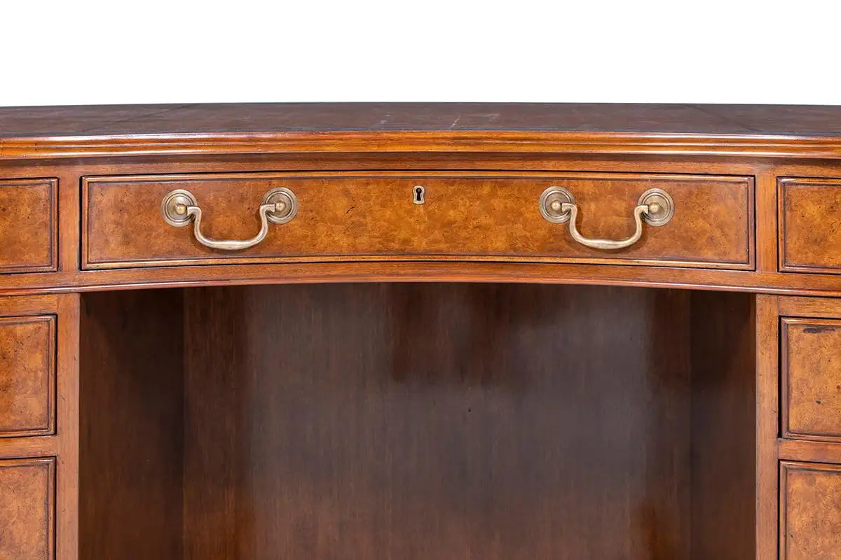 Burr Walnut Kidney Pedestal Desk with Leather Writing Surface