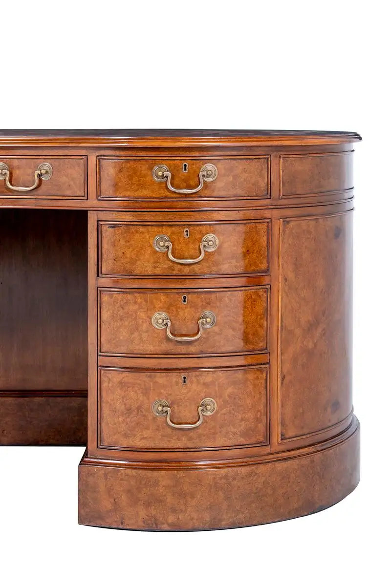Burr Walnut Kidney Pedestal Desk with Leather Writing Surface