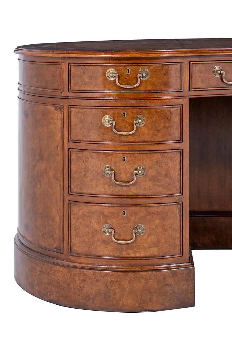 Burr Walnut Kidney Pedestal Desk with Leather Writing Surface