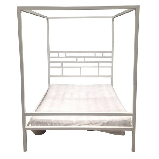 White metal canopy bed frame on a white background