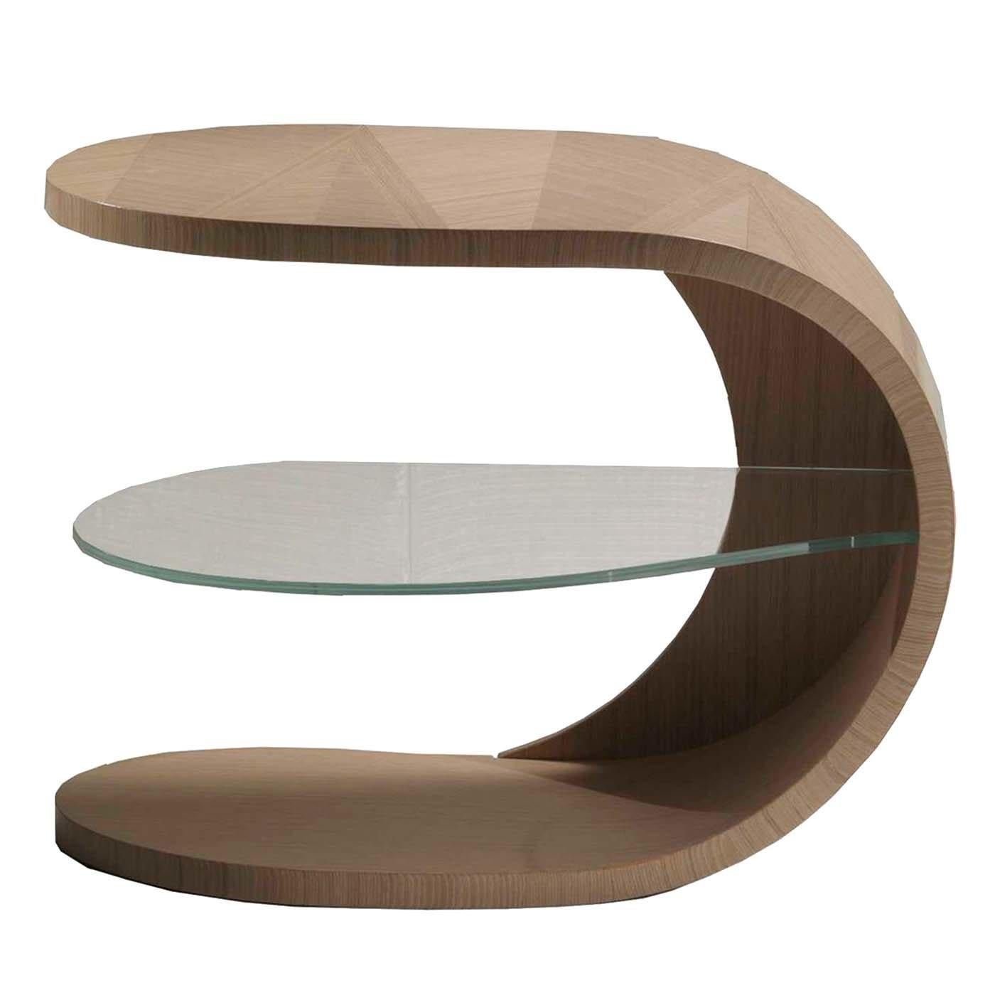 Iride Bedside Table – Curved Oak Design with Glass Shelf