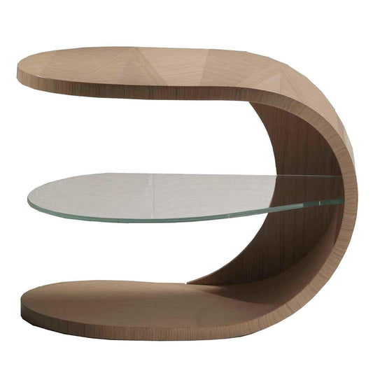 Iride Bedside Table – Curved Oak Design with Glass Shelf