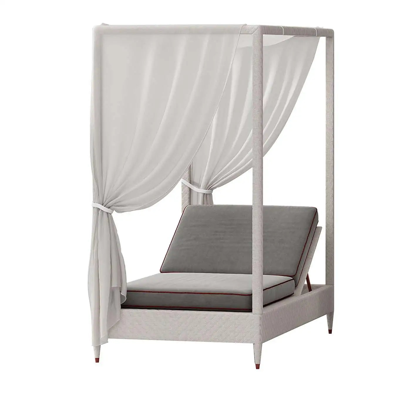 White canopy bed with gray cushions on a white background