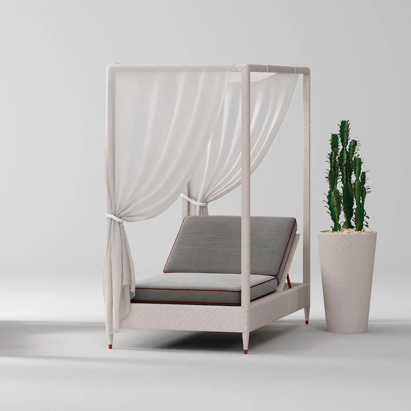 Modern outdoor chair with canopy and cushion next to a potted cactus on a light background