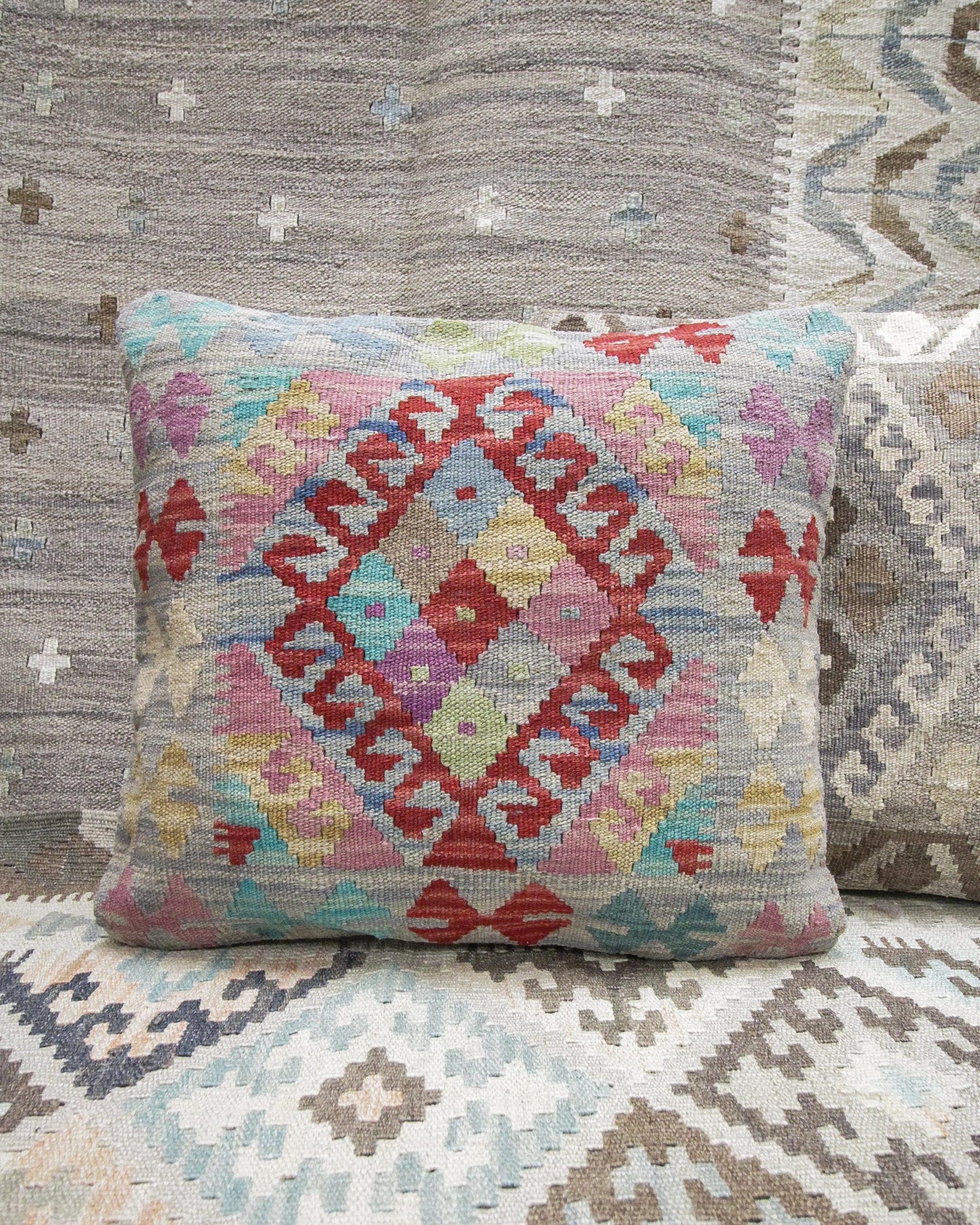 Modern Kilim Wool Pillow Case Blue Geometric, 50 x 50 cm