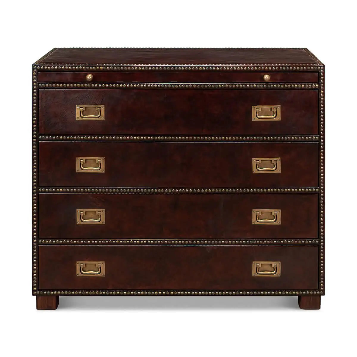 Brown leather dresser with gold hardware on a white background