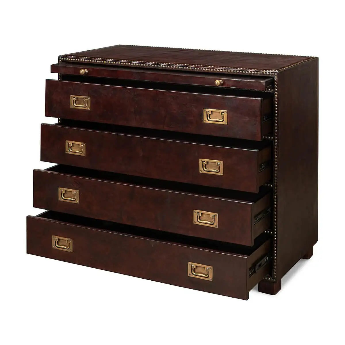 Brown leather chest with gold hardware on a white background