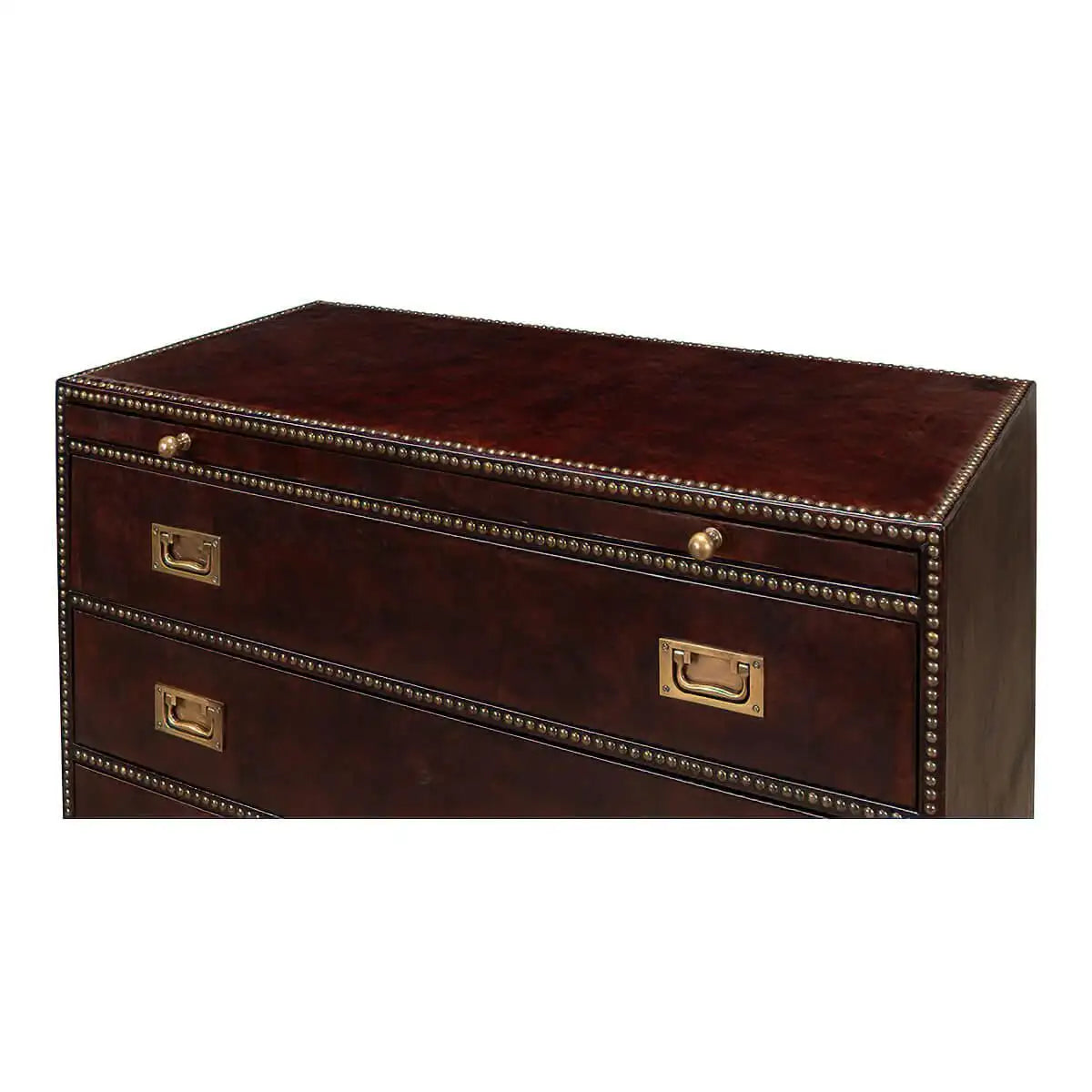 Brown leather chest with gold hardware on a white background