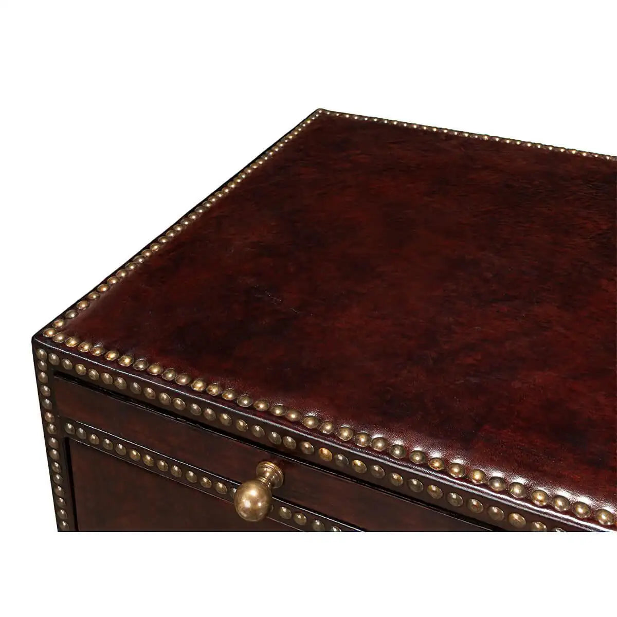 Brown leather box with brass studs and a knob on a white background