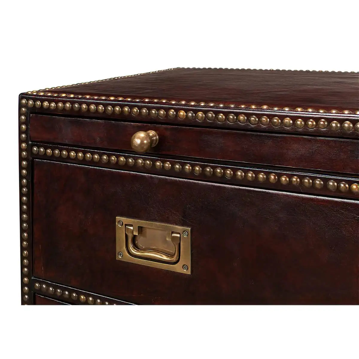 Campaign Style Leather-Wrapped Dresser with Brass Handles — 4 Drawers