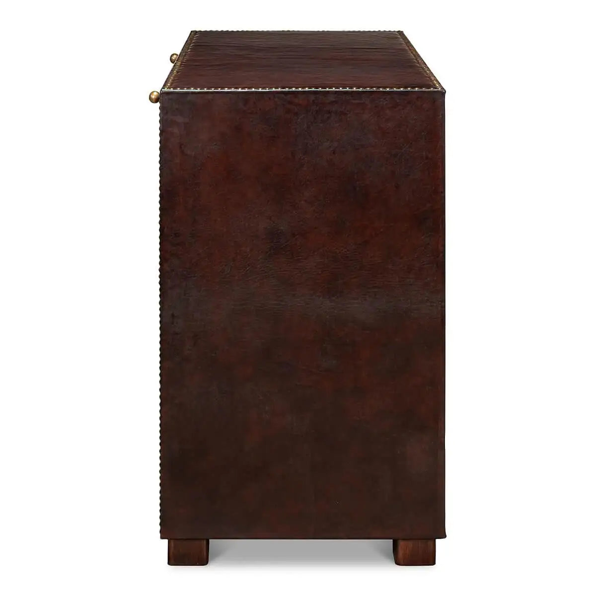 Campaign Style Leather-Wrapped Dresser with Brass Handles — 4 Drawers