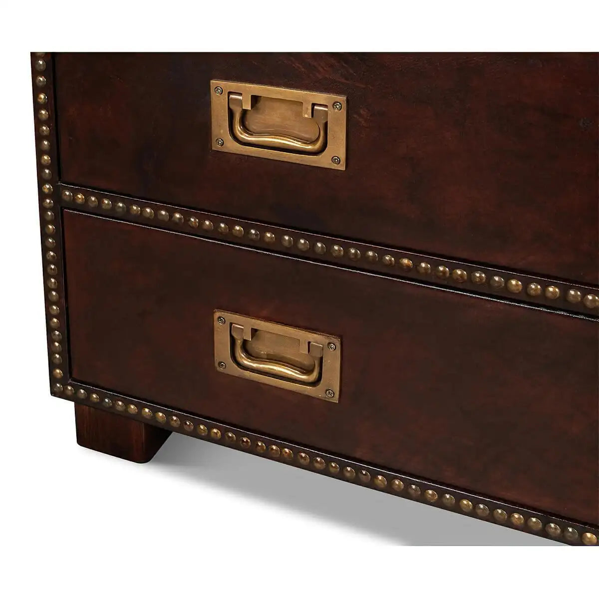 Campaign Style Leather-Wrapped Dresser with Brass Handles — 4 Drawers