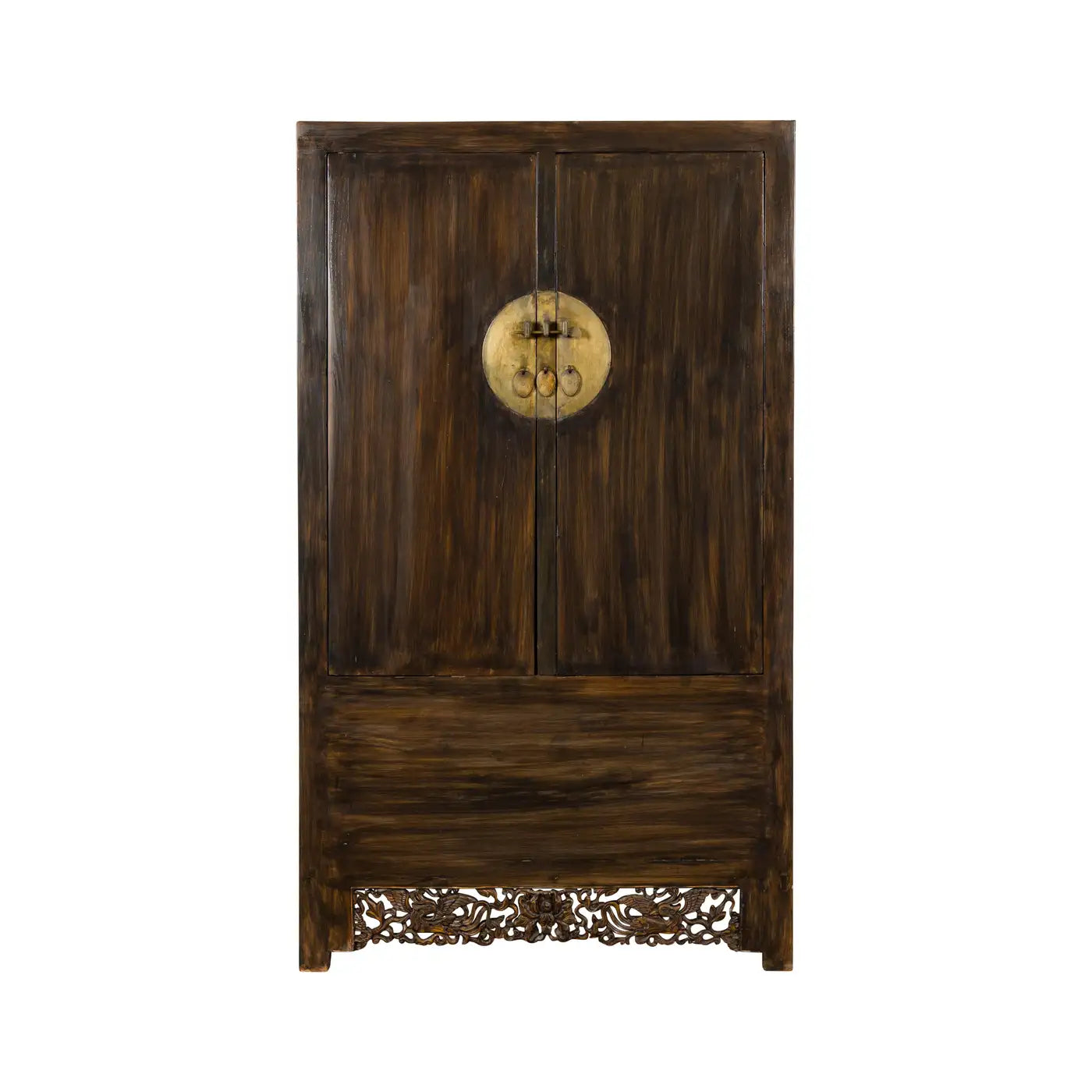 Wooden wardrobe with intricate carvings on a white background