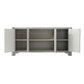 Gray metal storage cabinet with open doors on a white background