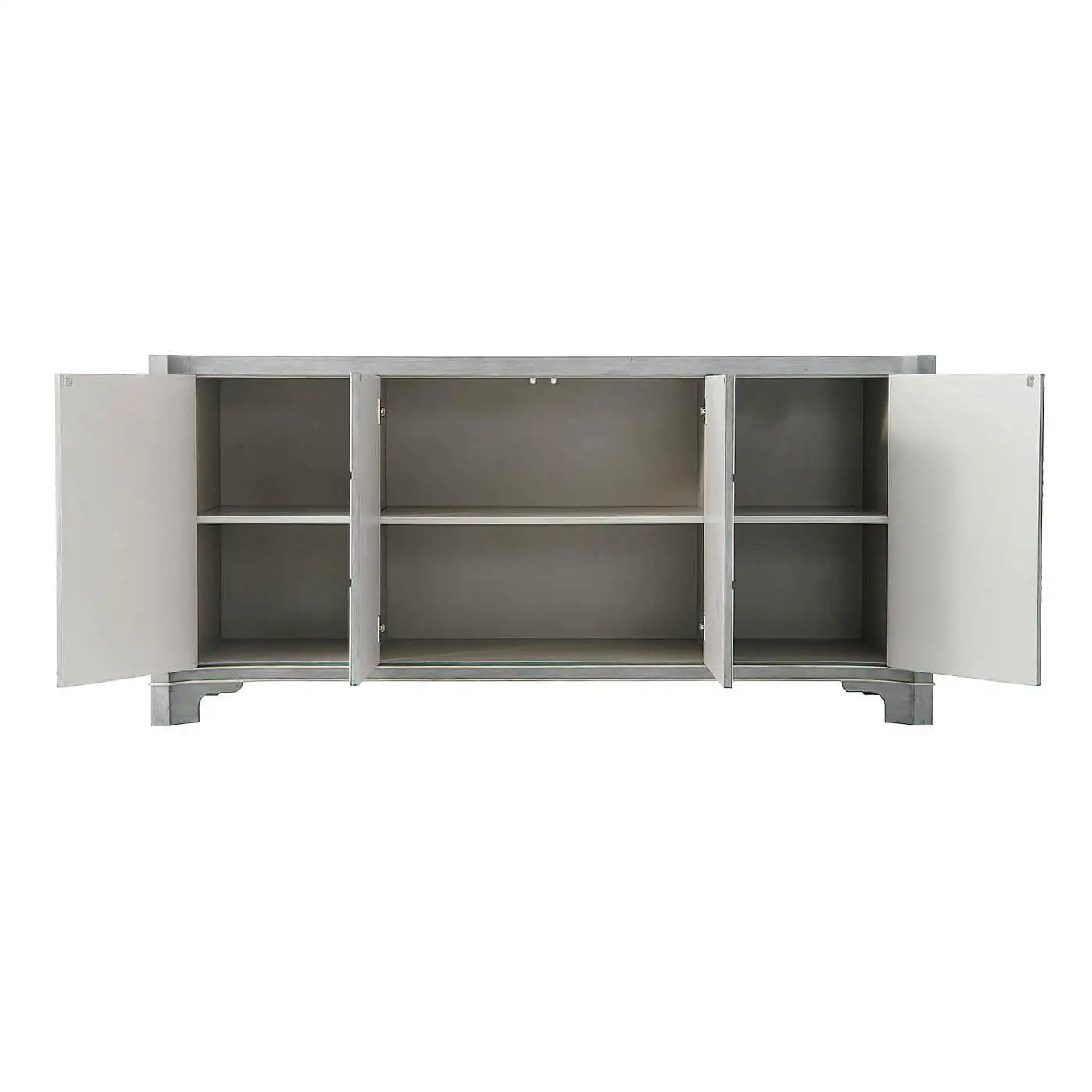 Gray metal storage cabinet with open doors on a white background