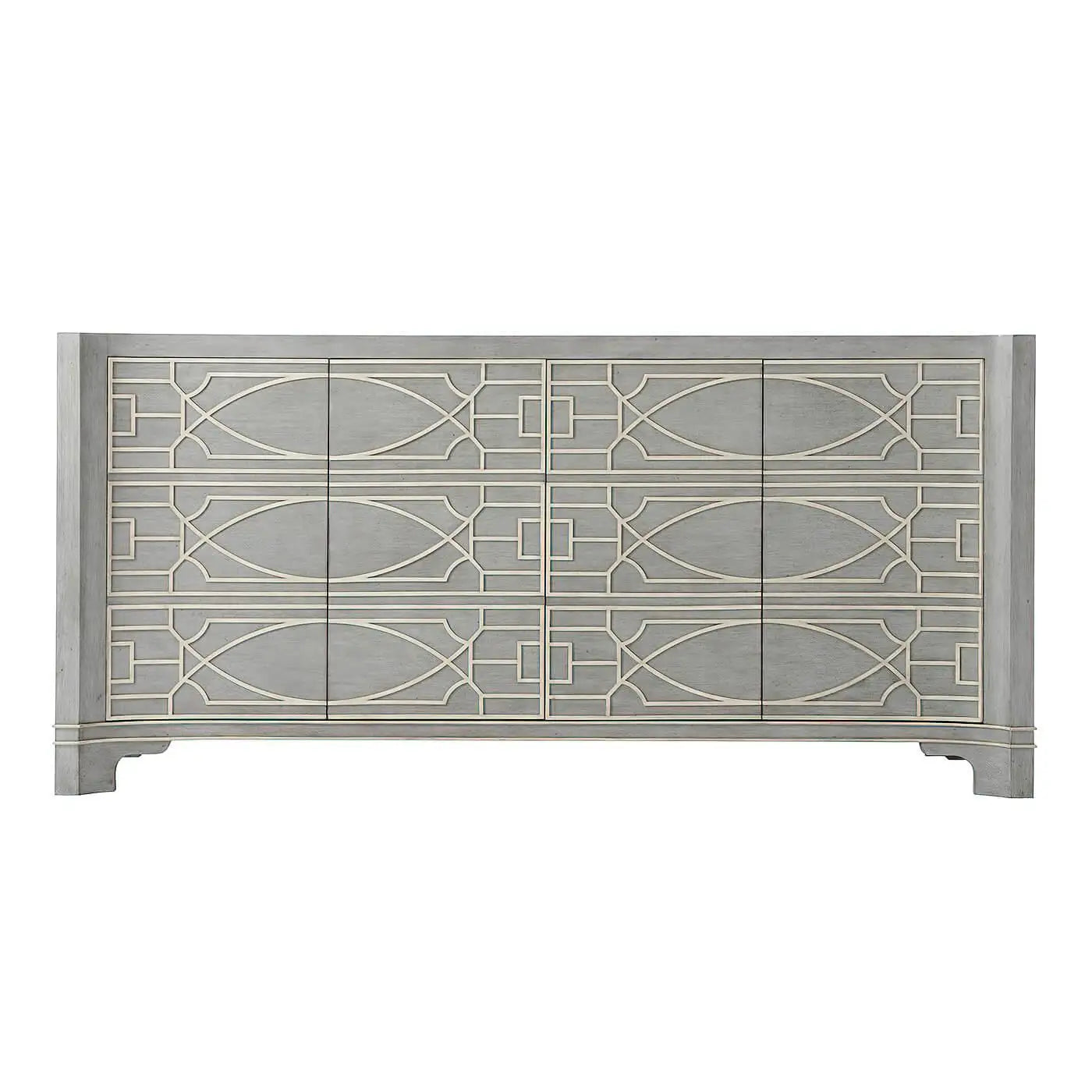 Decorative silver cabinet with geometric patterns on a white background