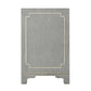 Gray side table with decorative white trim on a white background