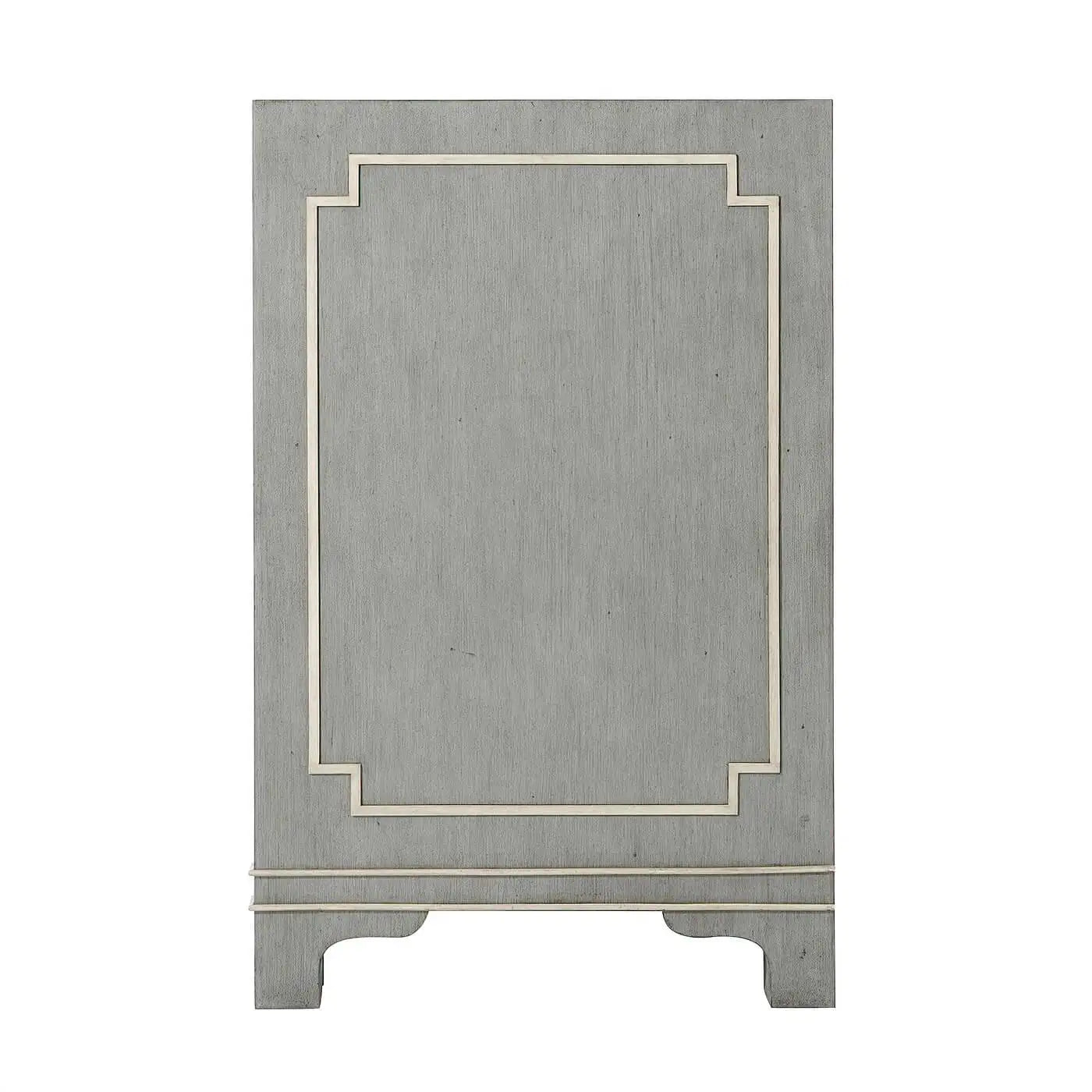 Gray side table with decorative white trim on a white background