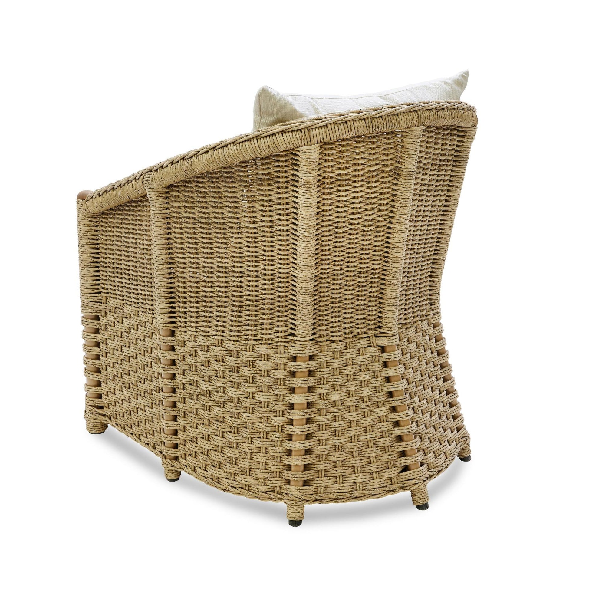 Wicker chair with a white cushion on a white background