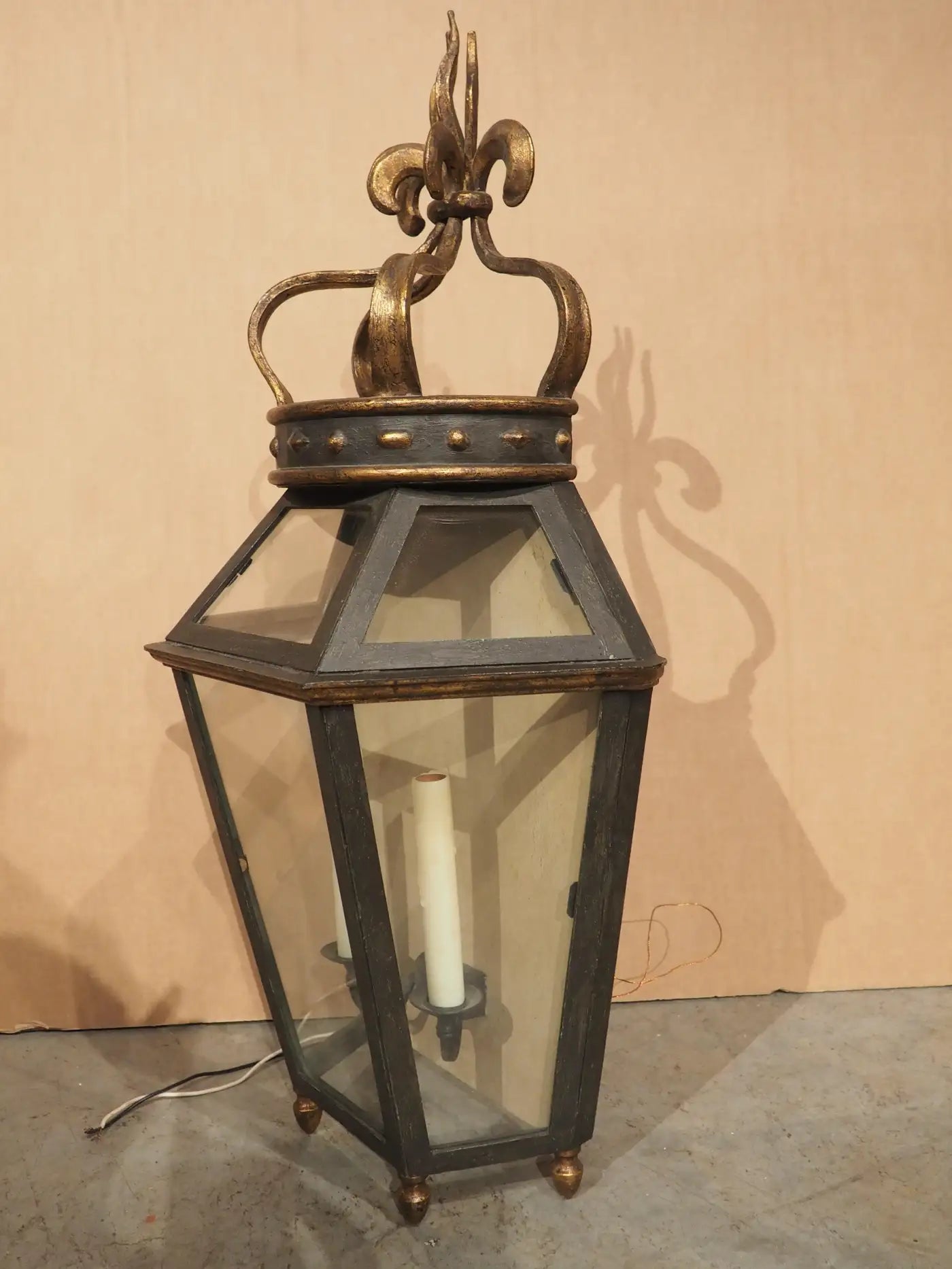 Wrought Iron and Glass Wall Lantern with Crown Finial