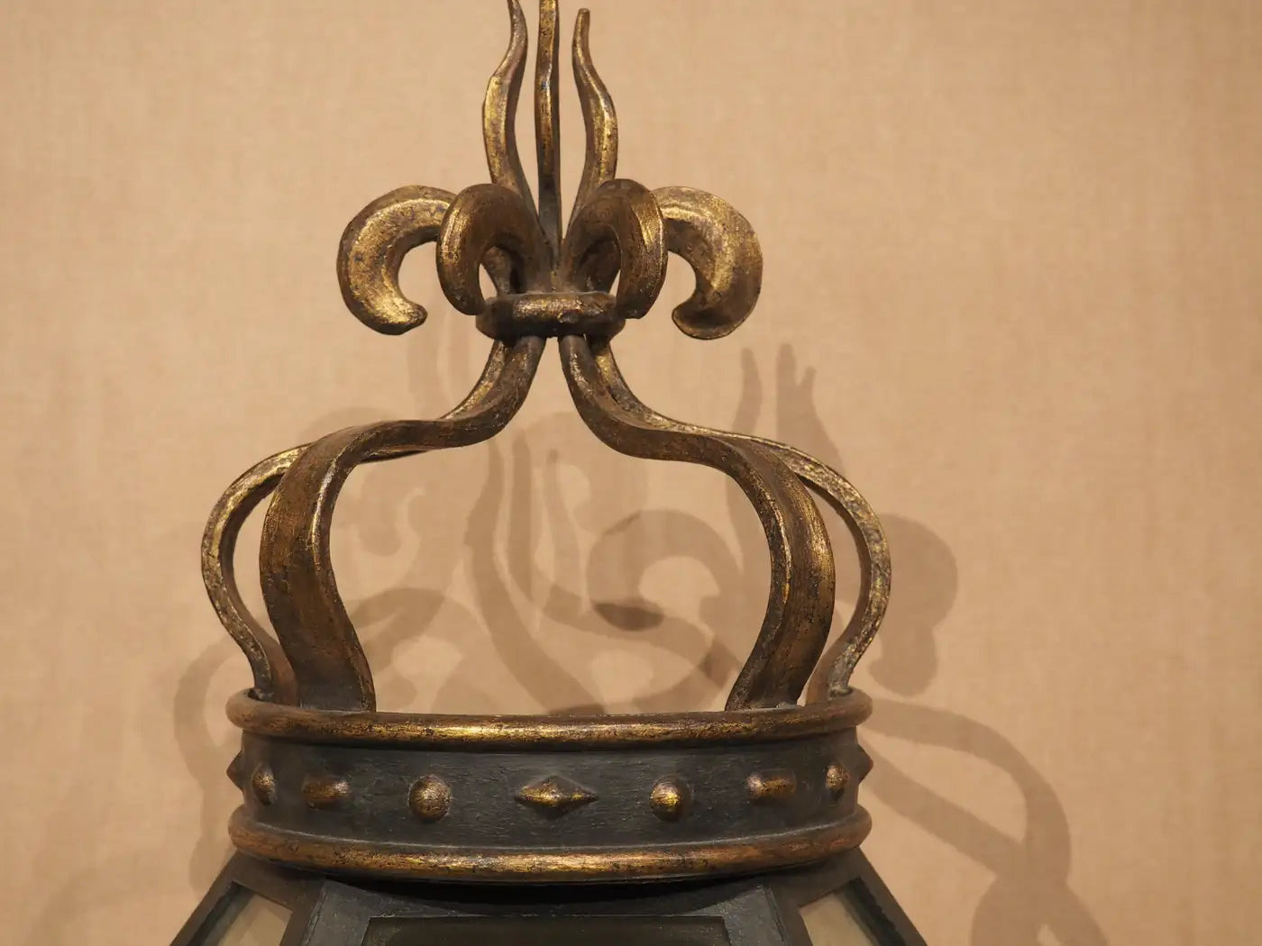 Wrought Iron and Glass Wall Lantern with Crown Finial