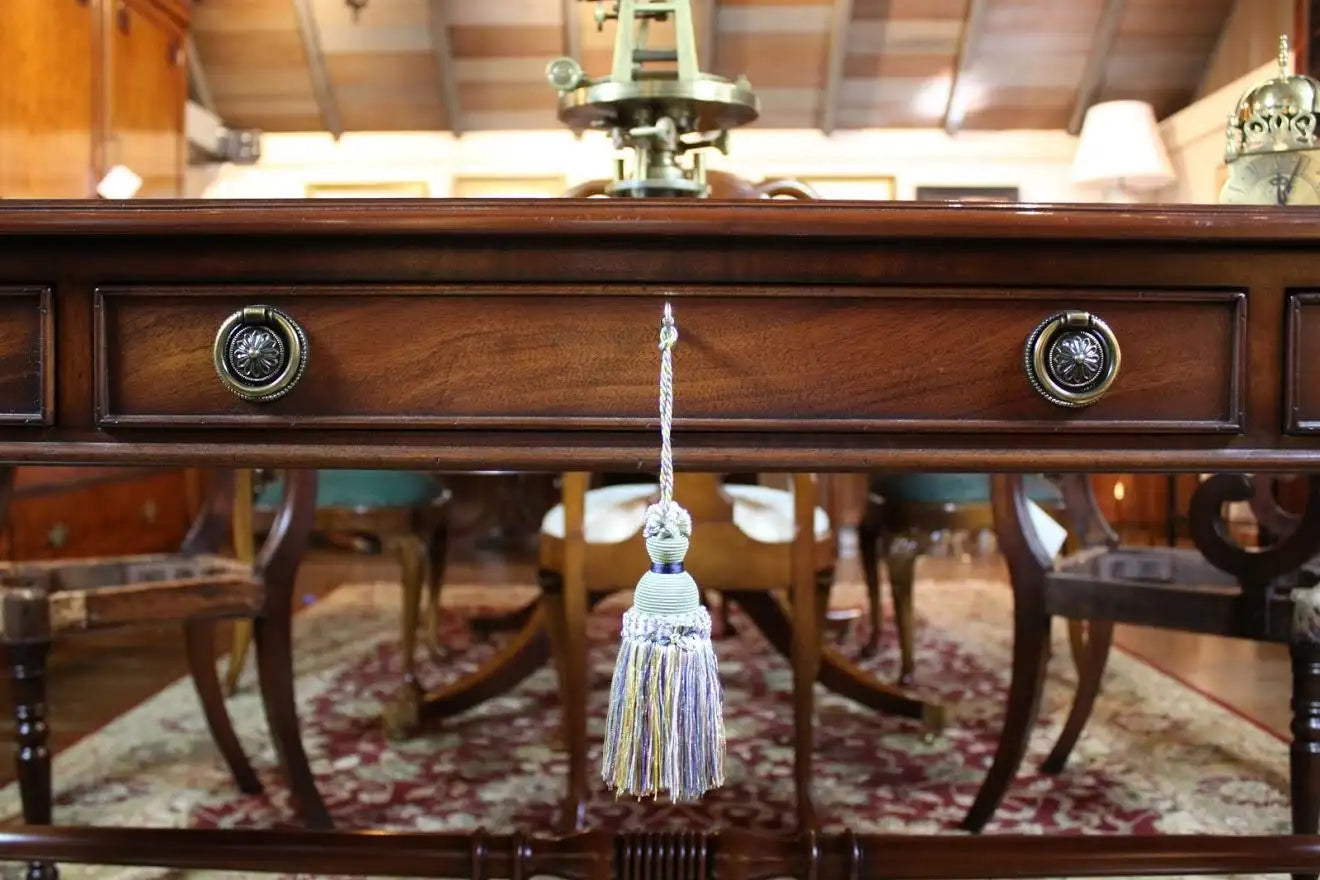 Custom Mahogany Crossed Sabre Leg Writing Table with Gold Tooled Leather