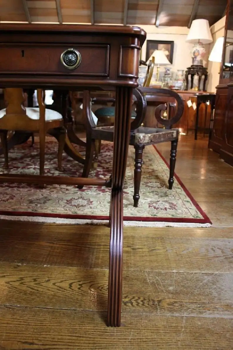 Custom Mahogany Crossed Sabre Leg Writing Table with Gold Tooled Leather