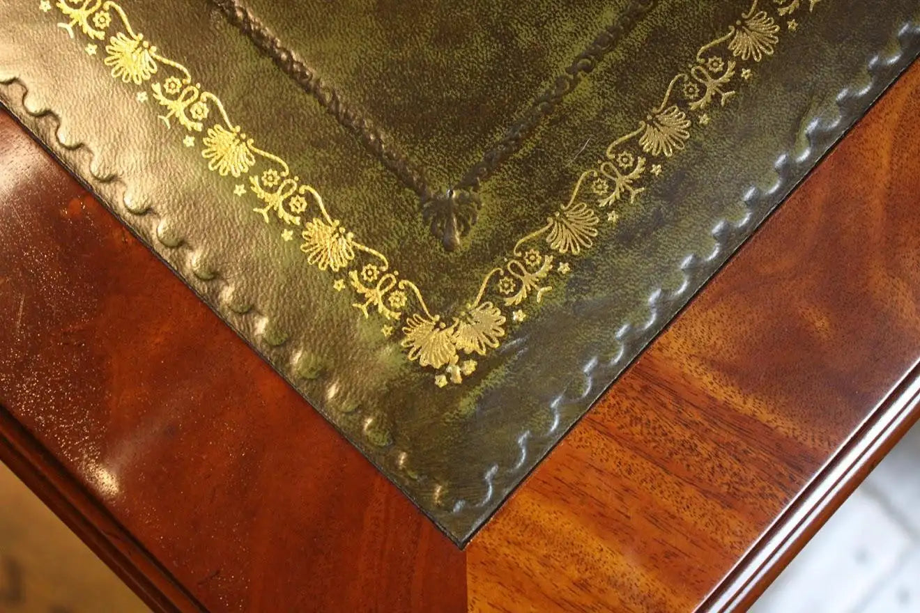 Custom Mahogany Crossed Sabre Leg Writing Table with Gold Tooled Leather