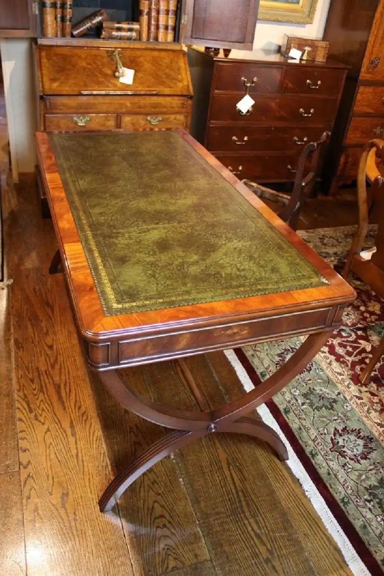 Custom Mahogany Crossed Sabre Leg Writing Table with Gold Tooled Leather