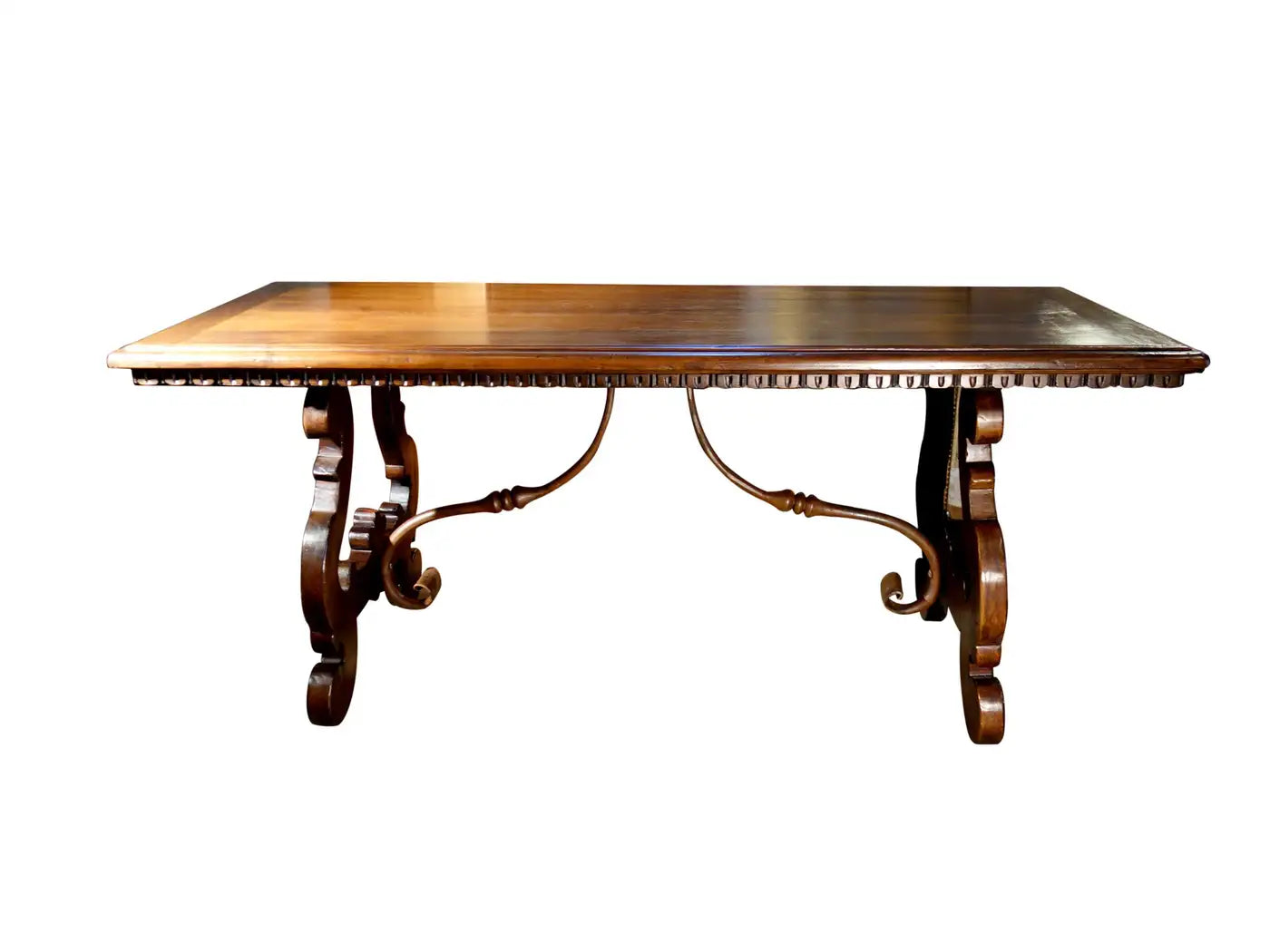 17th Century Style Solid Italian Walnut Refectory Writing Table with Dentil Edge & Lyre Base