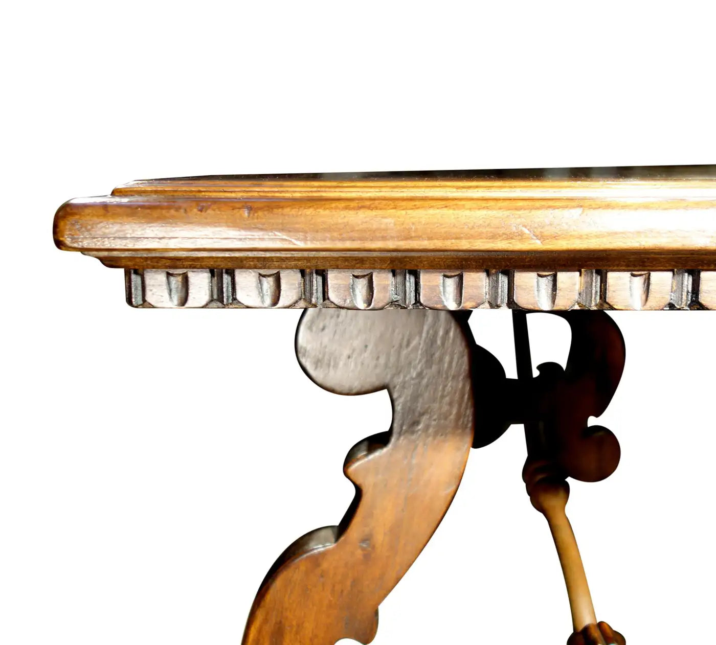 17th Century Style Solid Italian Walnut Refectory Writing Table with Dentil Edge & Lyre Base