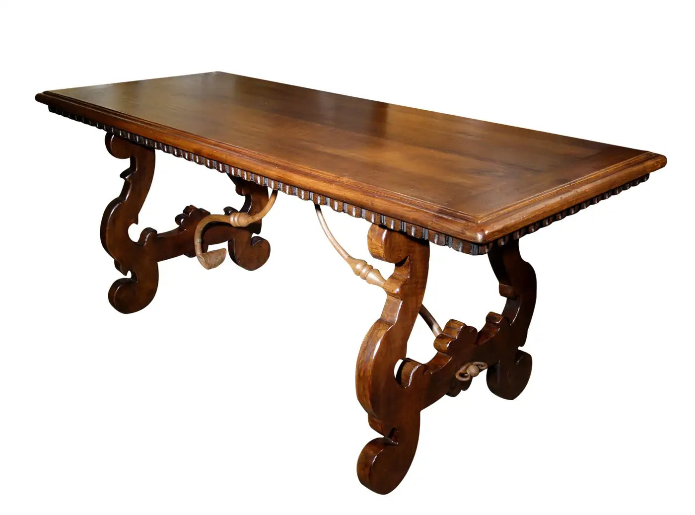 17th Century Style Solid Italian Walnut Refectory Writing Table with Dentil Edge & Lyre Base