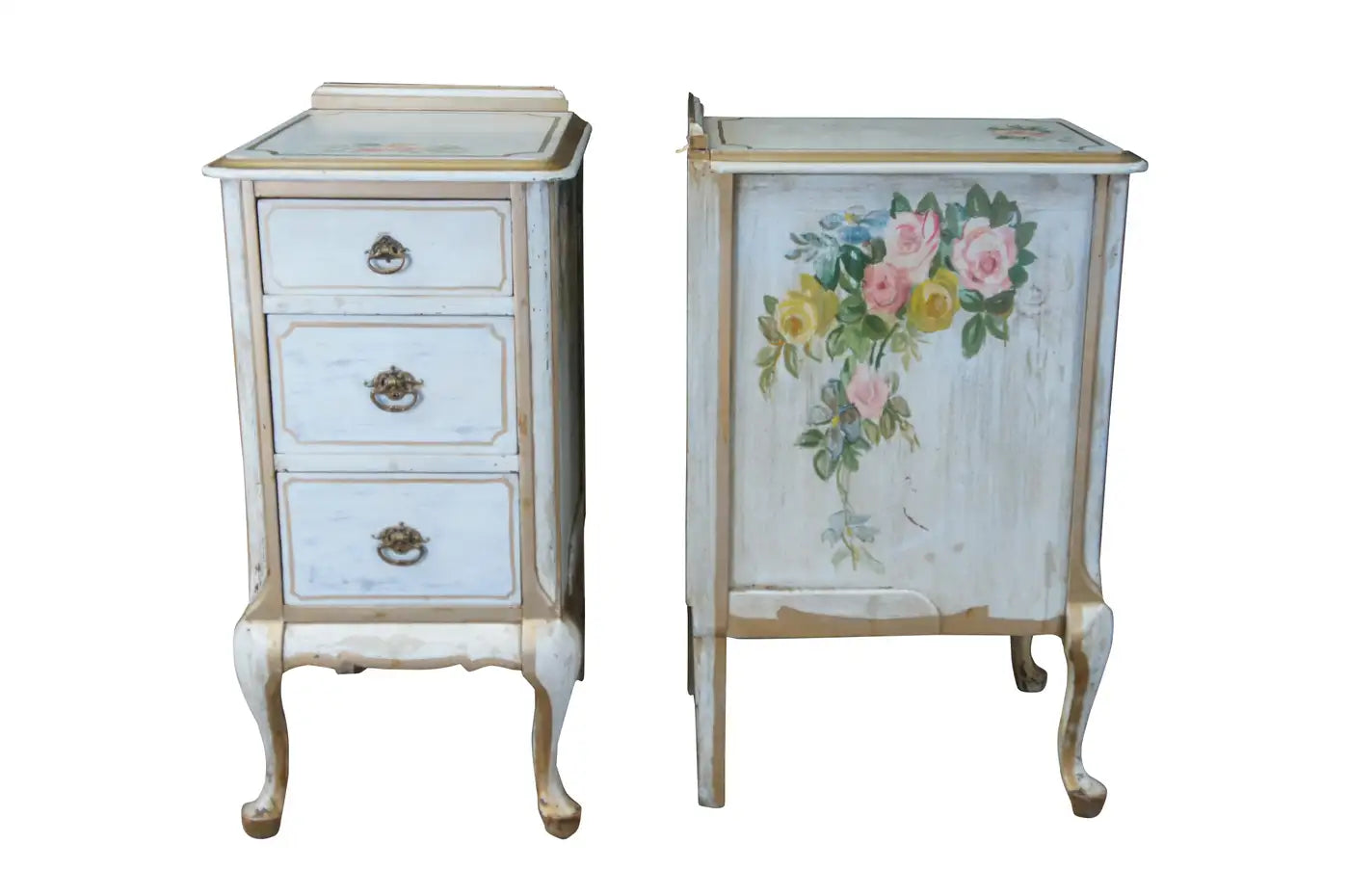 Antique French Country Hand Painted Floral 3 Drawer Nightstands Side Tables
